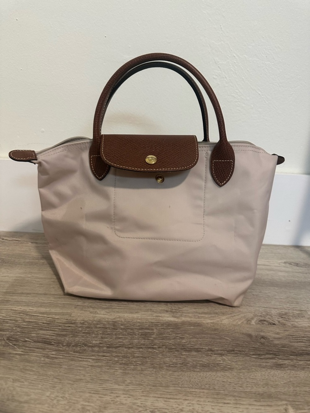 Longchamp Small Tote in Pale Pink with Brown Trim
